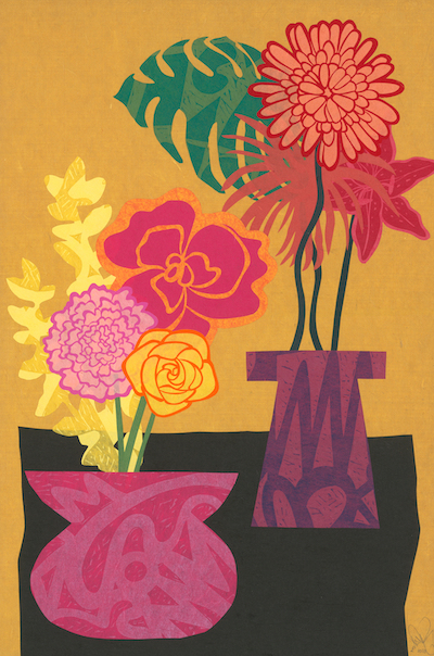 Blooming Splendor by Favianna Rodriguez: painting of two purple vases with yellow, pink and orange flowers