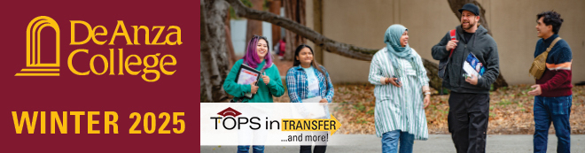 De Anza College Winter 2025 | Tops in Transfer and more! | scene of students talking near fountain in Sunken Garden